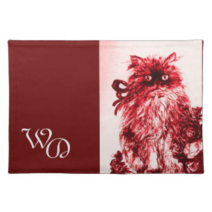 KITTEN WITH ROSES ,MONOGRAM ,Red ,white Cloth Placemat