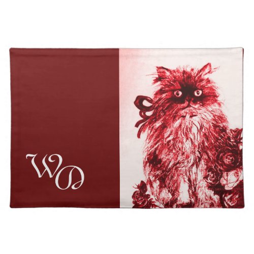 KITTEN WITH ROSES MONOGRAM Red white Cloth Placemat