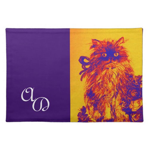 KITTEN WITH ROSES MONOGRAM yellowblue purple Cloth Placemat