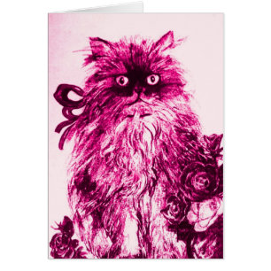 KITTEN WITH ROSES ,Pink Fuchsia White Cards