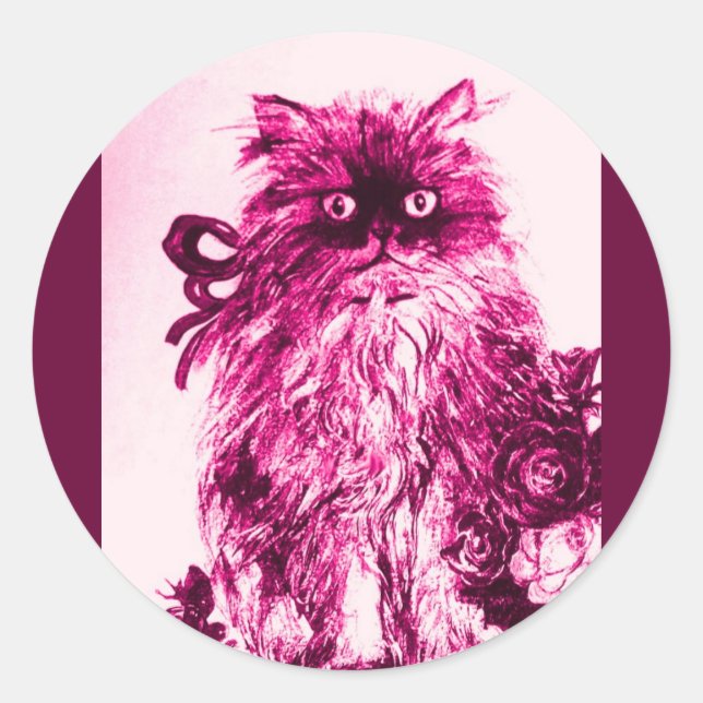 KITTEN WITH ROSES ,Pink Fuchsia White Classic Round Sticker (Front)