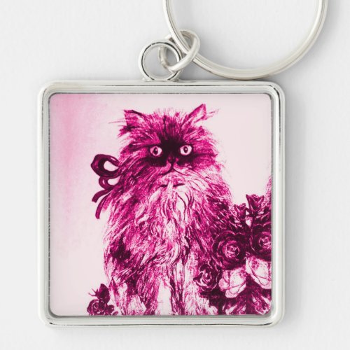 KITTEN WITH ROSES Pink Fuchsia White Keychain