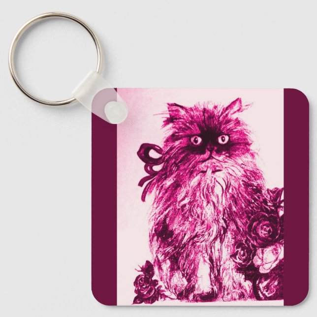 KITTEN WITH ROSES ,Pink Fuchsia White Keychain (Front)