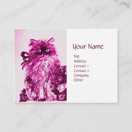 KITTEN WITH ROSES Pink Fuchsia White Linen Paper Business Card