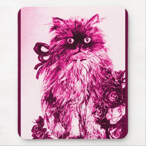 KITTEN WITH ROSES Pink Fuchsia White Mouse Pad
