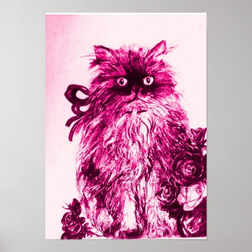 KITTEN WITH ROSES Pink Fuchsia White Poster