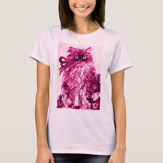 KITTEN WITH ROSES ,Pink Fuchsia White T-Shirt (Front)