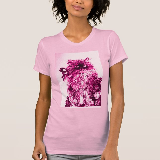 KITTEN WITH ROSES ,Pink Fuchsia White T-Shirt (Front)