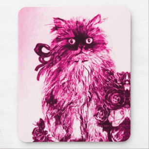 KITTEN WITH ROSES ,Pink Fuchsia White Watercolor Mouse Pad