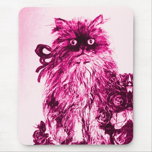 KITTEN WITH ROSES Pink Fuchsia White Watercolor Mouse Pad