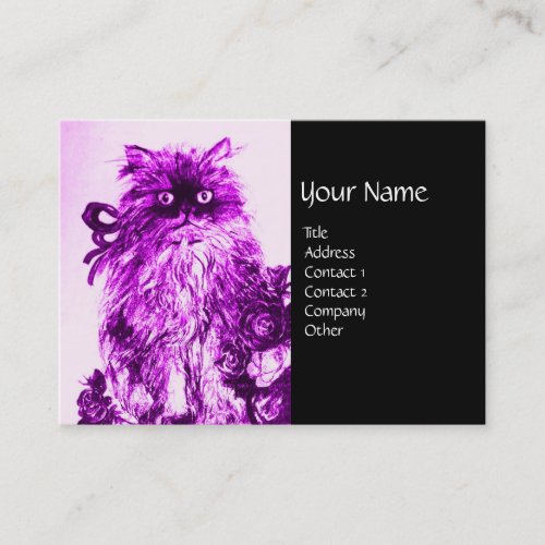 KITTEN WITH ROSES Purple Violet and White Black Business Card