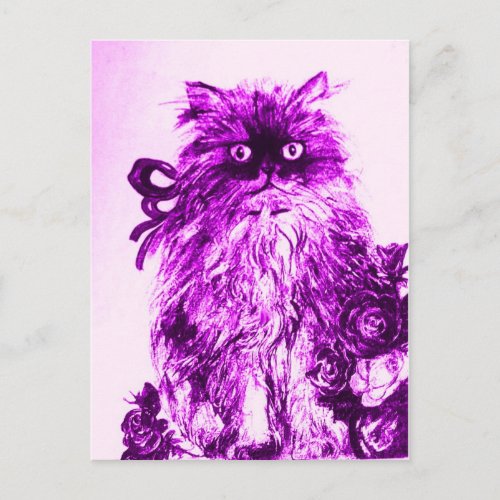 KITTEN WITH ROSES Purple Violet and White Postcard