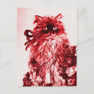 KITTEN WITH ROSES , Red and White Postcard