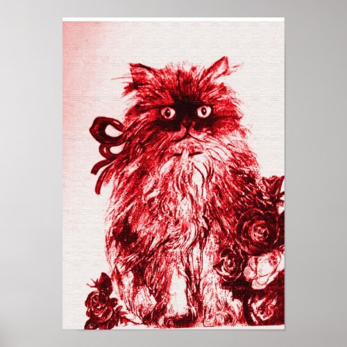 KITTEN WITH ROSES Red and White Poster