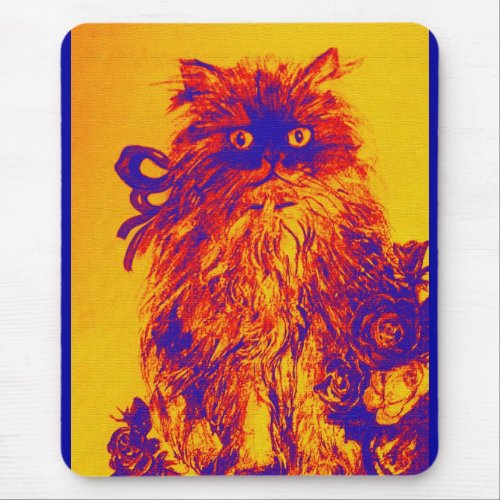 KITTEN WITH ROSES Yellow Orange Blue Mouse Pad