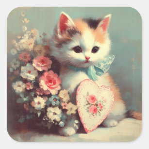Kitten with Valentine Vintage Painting Sticker