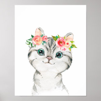Kitten with Watercolor Flowers Art Print