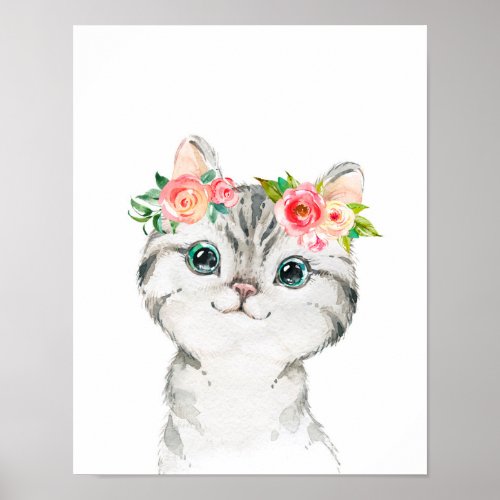 Kitten with Watercolor Flowers Art Print