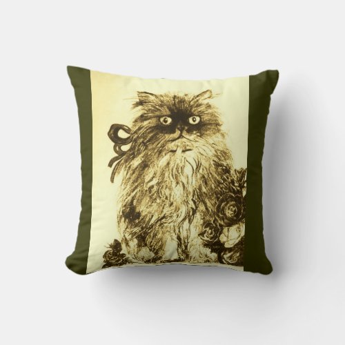 KITTEN WITH WHITE BROWN GREEN  ROSES THROW PILLOW