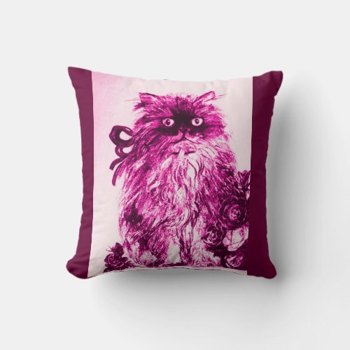 KITTEN WITH WHITE PURPLE PINK  ROSES THROW PILLOW