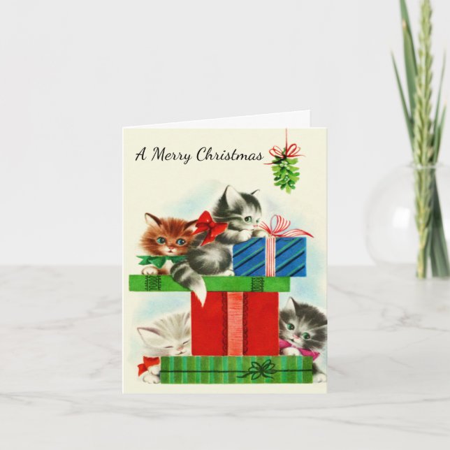 Kittens and Cats Playful on Holiday Presents Card (Front)