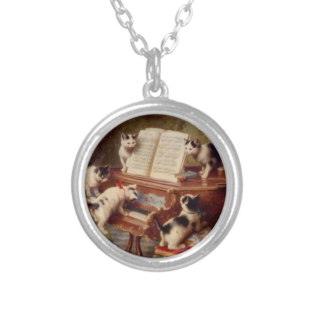 Kittens and Piano Silver Plated Necklace (Front)
