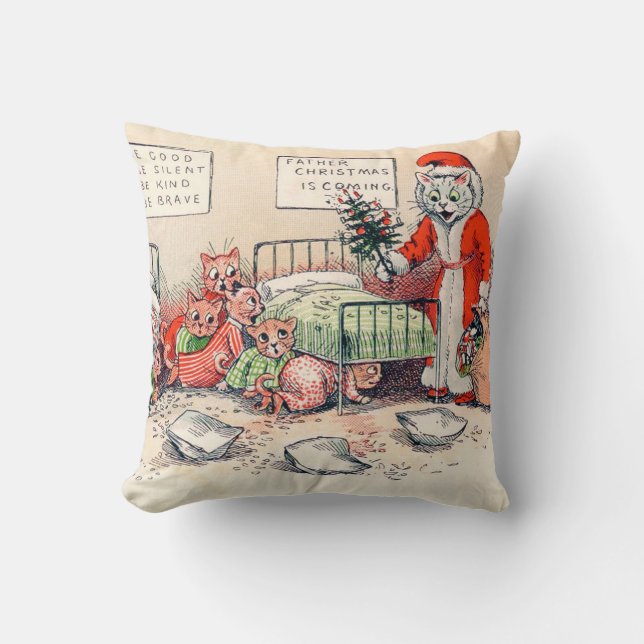 Kittens and Santa Cat, Louis Wain Throw Pillow (Front)