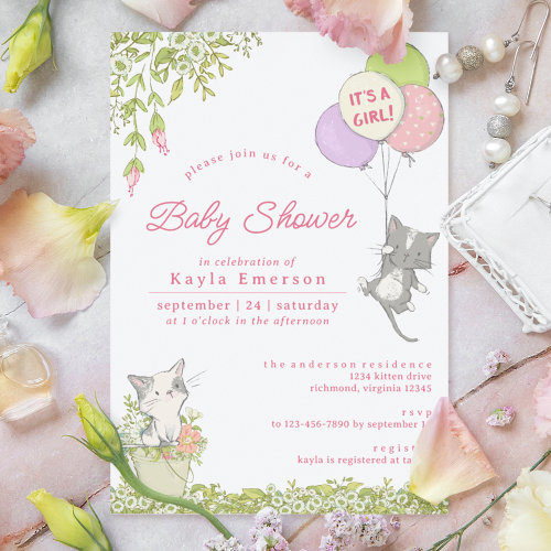 Kittens and Spring Floral | Cute Girly Baby Shower Invitation