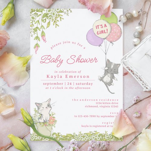 Kittens and Spring Floral  Cute Girly Baby Shower Invitation