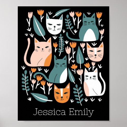 Kittens and Tulips Cute Cats CUSTOM BABY NAME Art Poster