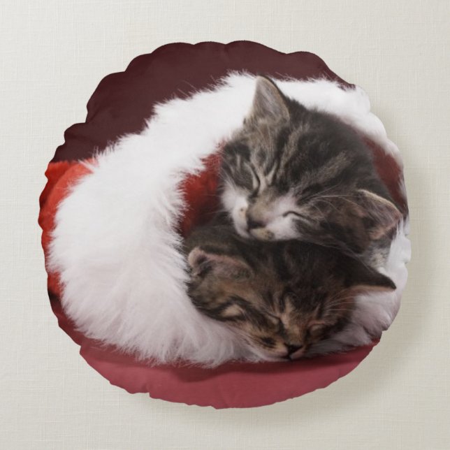 Kittens asleep together in Christmas hat Round Pillow (Front)