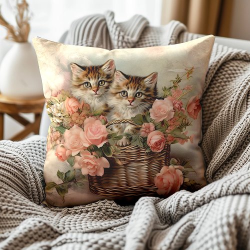 Kittens Basket Pink Roses Vintage Painting Throw Pillow