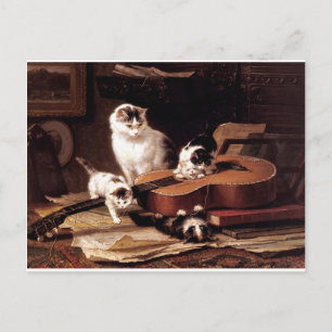 Kittens cat playing with guitar naughty cute postcard
