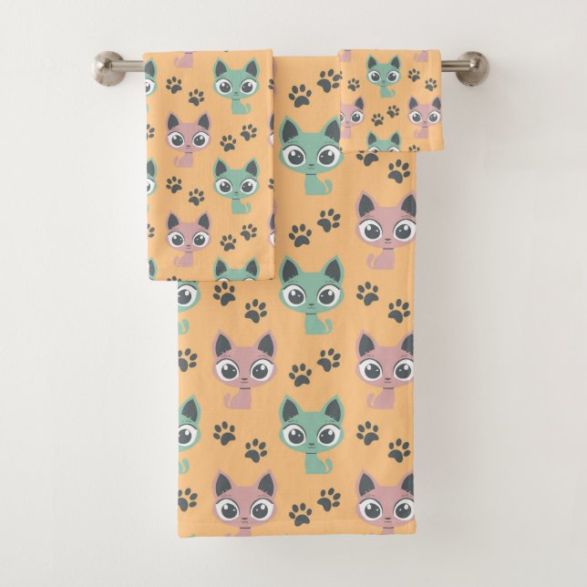 Kittens Cute Adorable Feline Cats Big Eyes Pattern Bath Towel Set (Insitu)