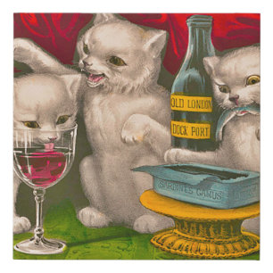 Kittens drinking and eating sardine fish faux canvas print