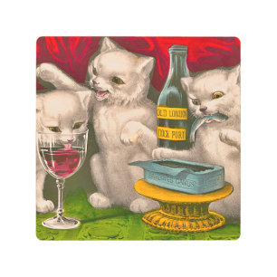 Kittens drinking and eating sardine fish metal print