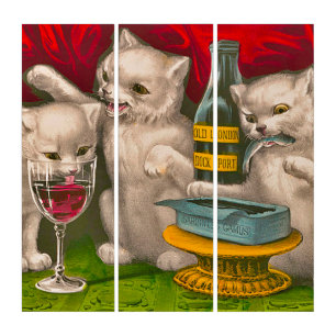 Kittens drinking and eating sardine fish triptych