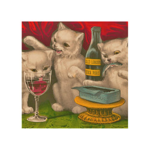 Kittens drinking and eating sardine fish wood wall art