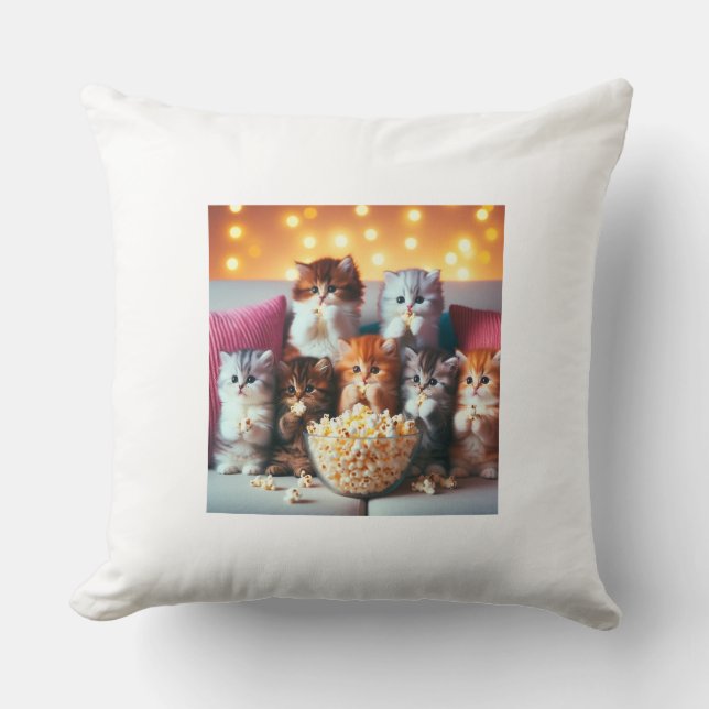 Kittens enjoy eating popcorn throw pillow (Front)