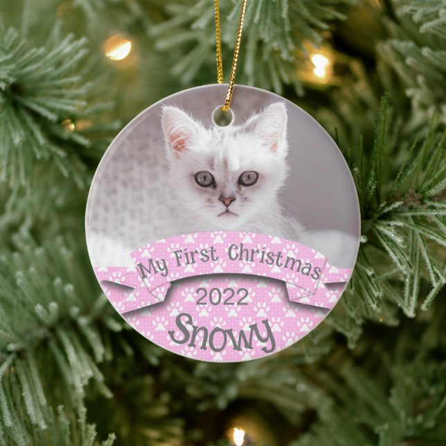 Kitten's First Christmas Pink Paw Print Ceramic Ornament (Tree)