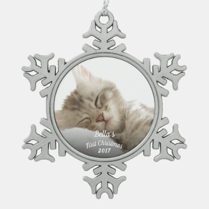 Kitten&#39;s first Christmas with name + year Snowflake Pewter Christmas Ornament