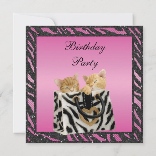 Kittens in Bag Zebra Print Faux Glitter Birthday Announcements