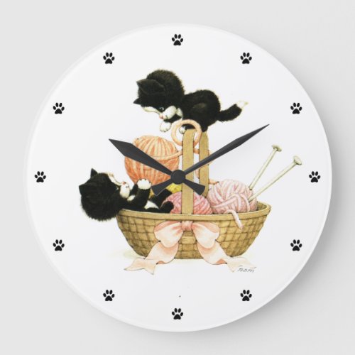 Kittens in Basket Large Clock