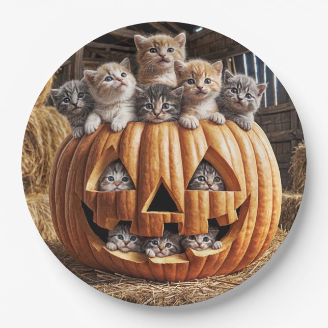 Kittens In Halloween Pumpkin Paper Plates (Front)