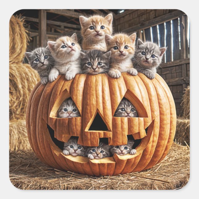 Kittens In Halloween Pumpkin Square Sticker (Front)