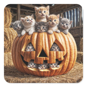 Kittens In Halloween Pumpkin Square Sticker