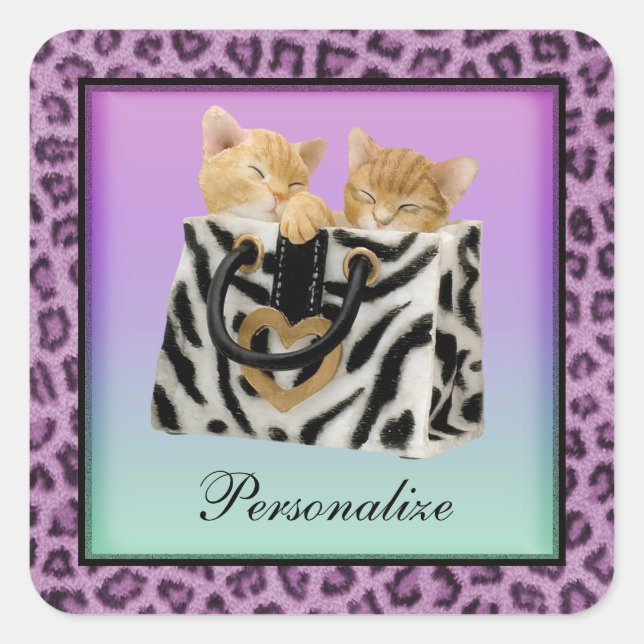 Kittens in Handbag Purple Leopard Print Stickers (Front)
