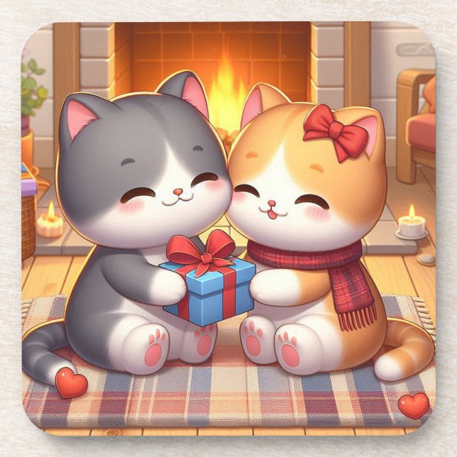 Kittens In Love By The Fireplace Drink Coaster (Front)