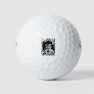 Kittens in love vintage drawing in black and white golf balls
