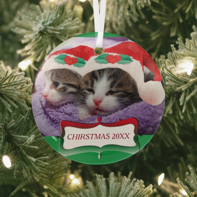 Kittens in Santa Hats Christmas 20XX Glass Ornament (Insitu)